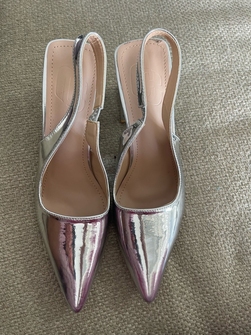 Iridescent Silver Pointed-Toe Slingback Heels